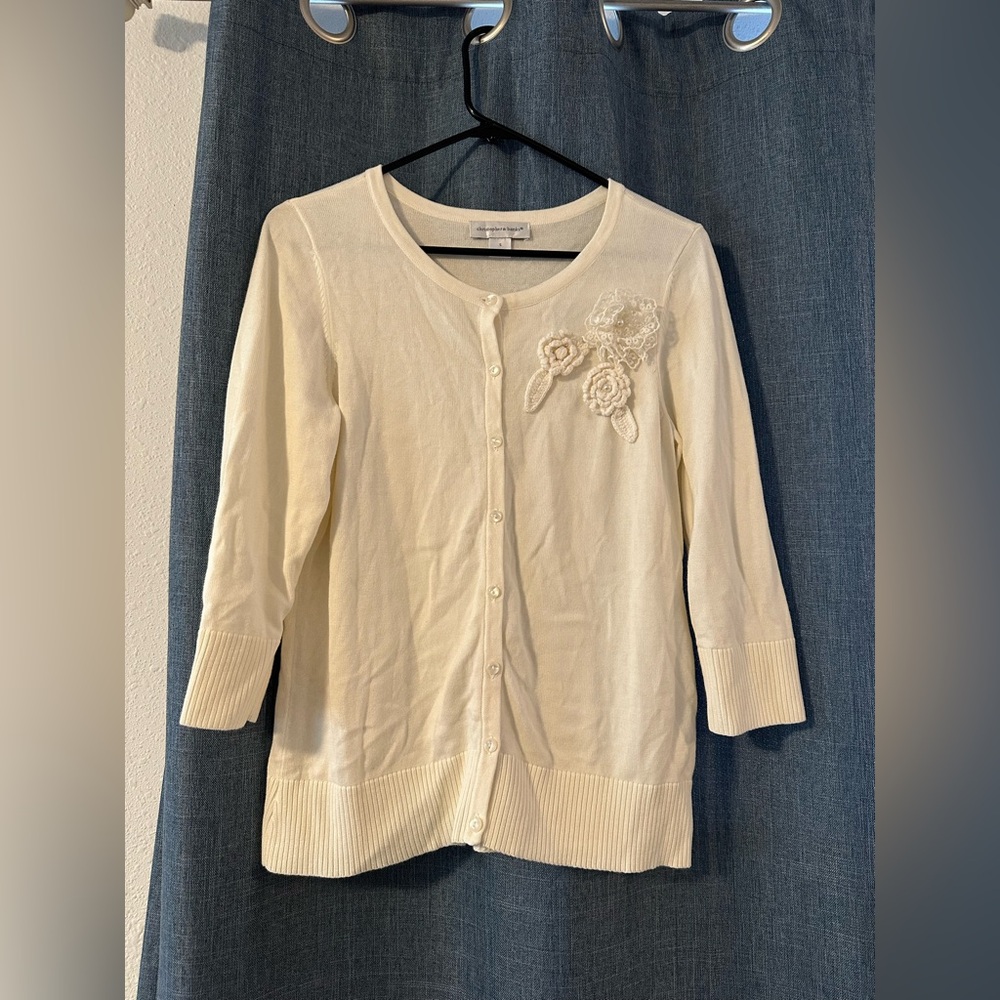 Christopher and Banks Womens Cream Cardigan With Flowers Size Small 100% Cotton